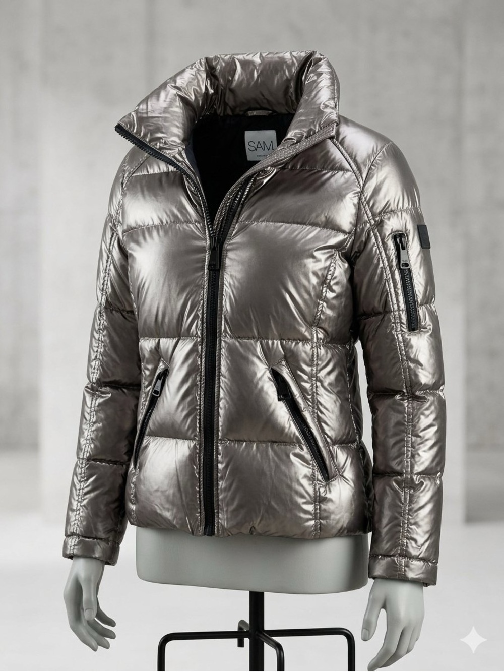 SAM. Metallic Silver Quilted Puffer Jacket with Hood